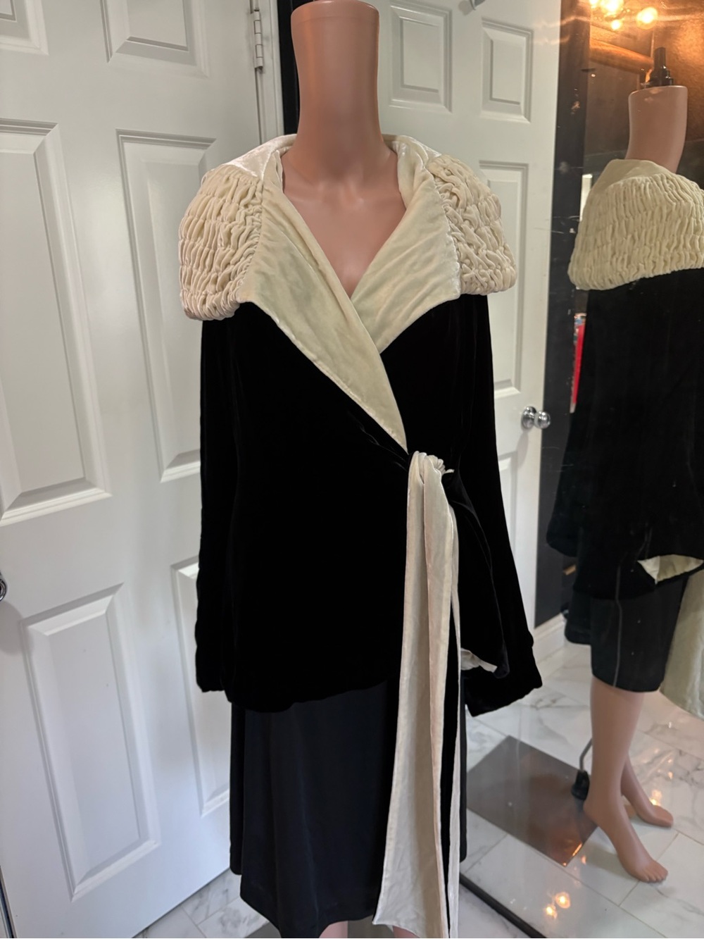 Trashy Diva Black Velvet Wrap coat with Cream Trim Pinup Hollywood glam